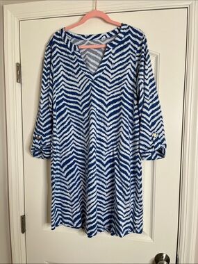 Lily Pulitzer-Rossmore-V-Neck Long Sleeve Dress w/blue & white zebra chevron-XL